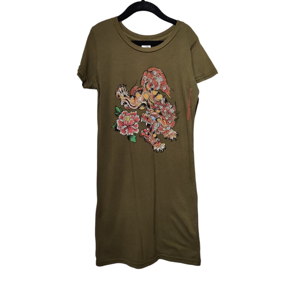 Ed Hardy Y2K Women's Sz XS Green Dragon T Shirt Mini Dress Baby Tee Streetwear